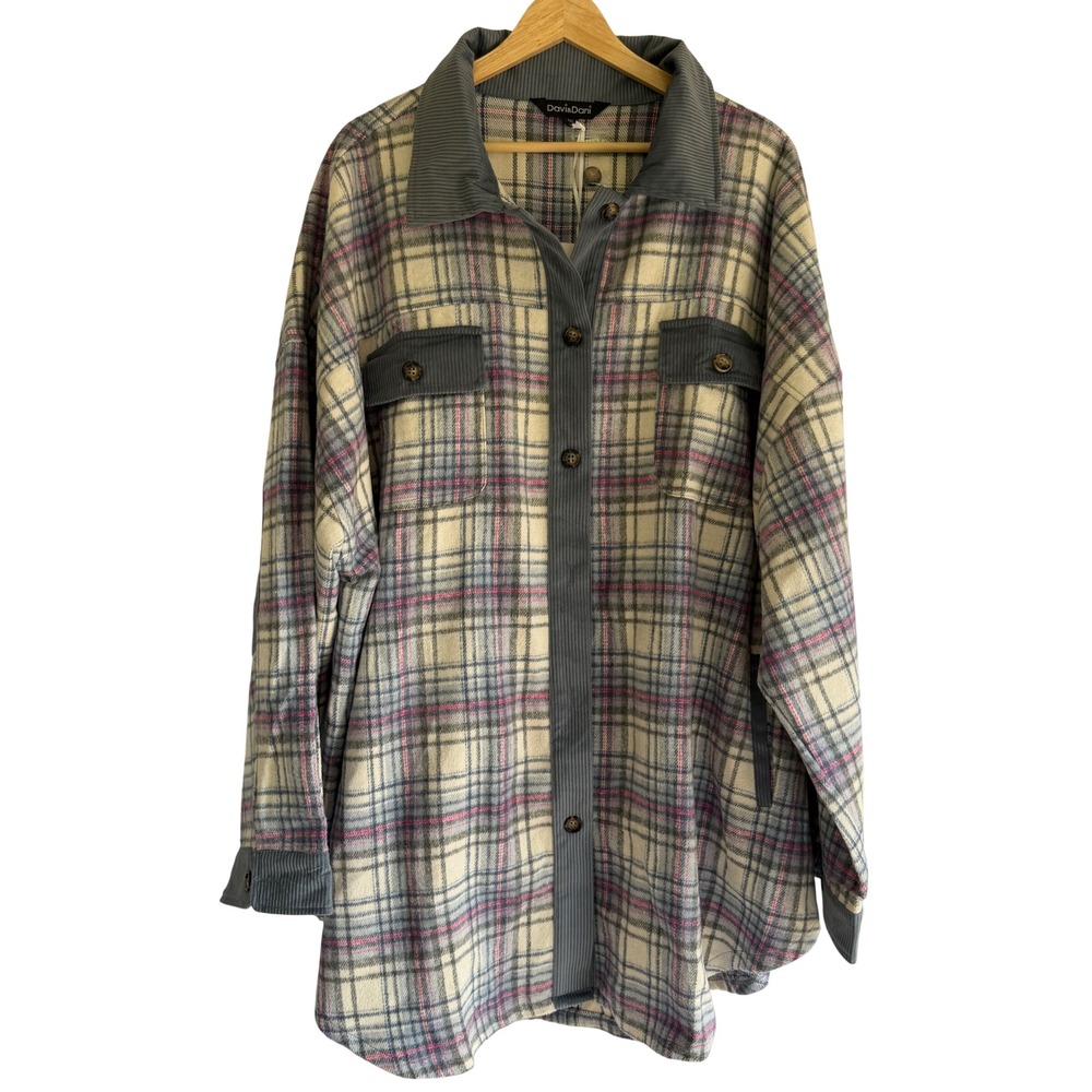Davi & Dani Womens 3XL Plaid Shacket Grey Pink Corduroy Trim Elbow Patch NEW